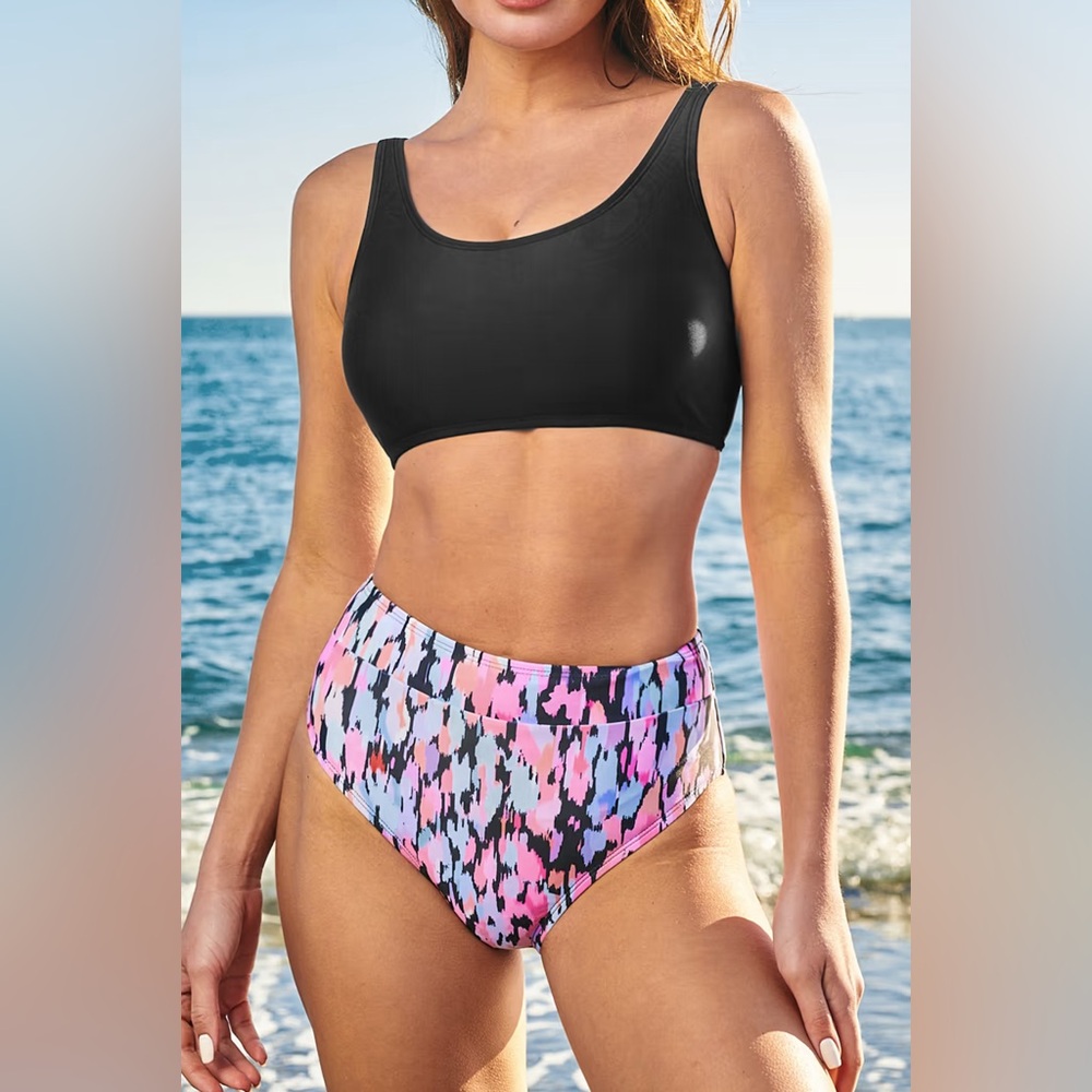 Cupshe Scoop Neck Bikini Top & Abstract High-Rise Bottoms Set, Size XL; NWT